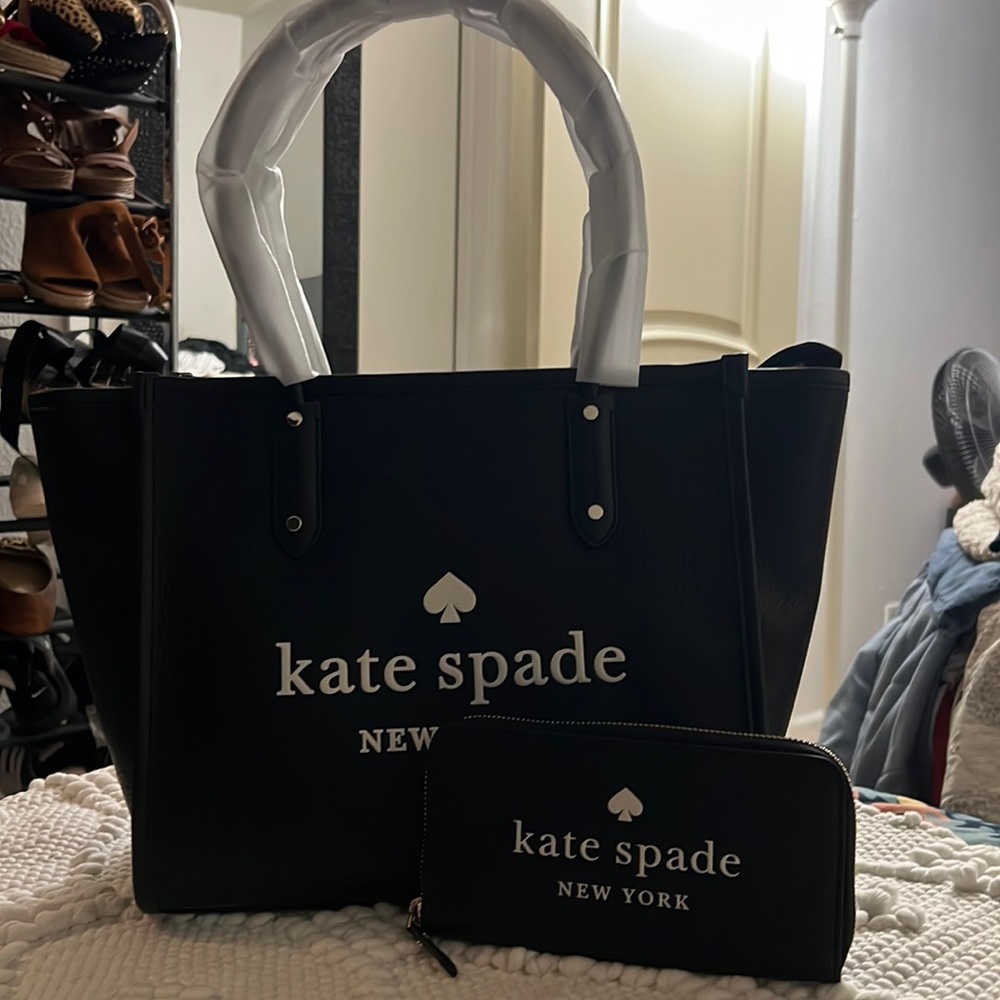 Brand new Kate Spade tote with new wallet, both with tags. Black and white.